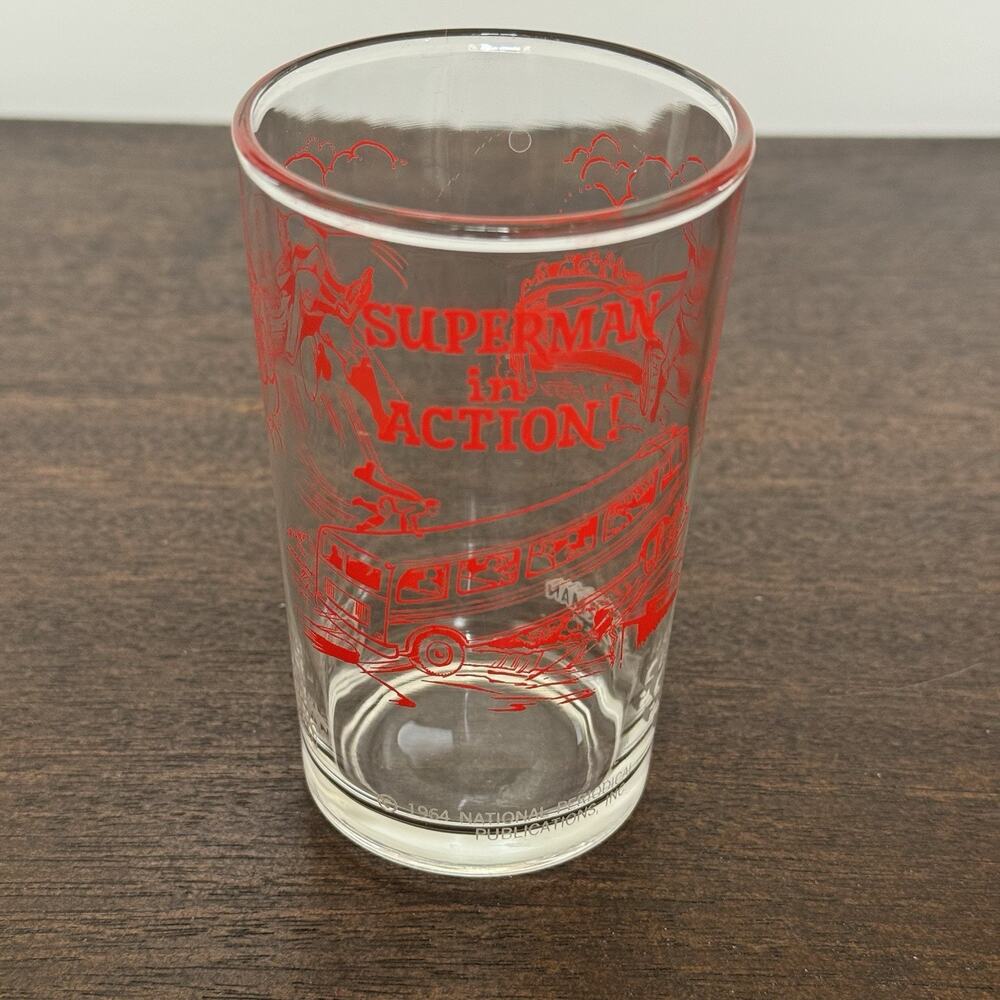 VTG Superman in Action Glass 1964 Juice Glass‎ Superhero Clark Kent Retro Comic